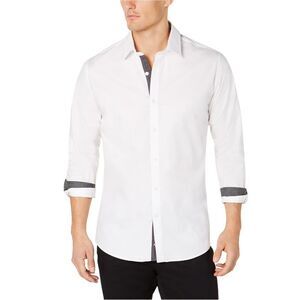 Ryan Seacrest Mens Contrast Trim Button Up Shirt, whitesolid, S Neck